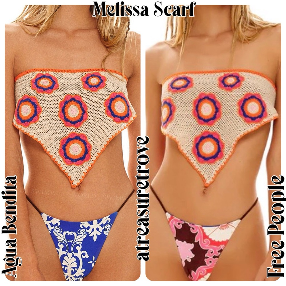 Agua Bendita Free People Melissa Scarf Crochet O/S Tan Floral Handmade Crop Top